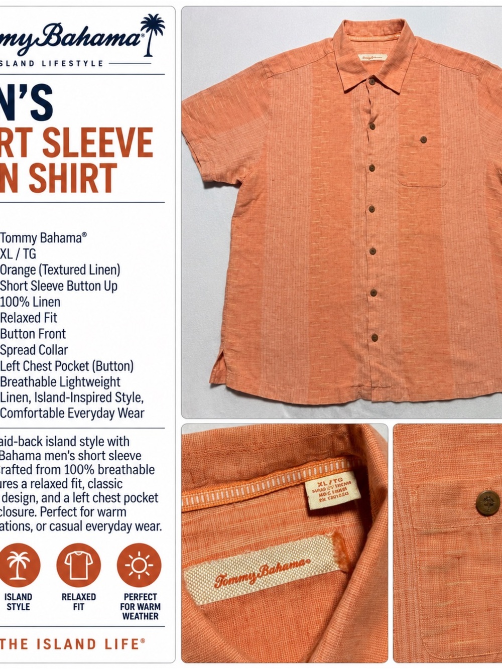 Tommy Bahama Orange Linen Short Sleeve Button-Up Shirt XL